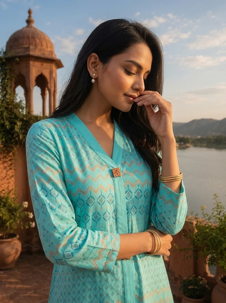 Sky Blue Rayon Geometric Buti Printed Kurta - Image 4