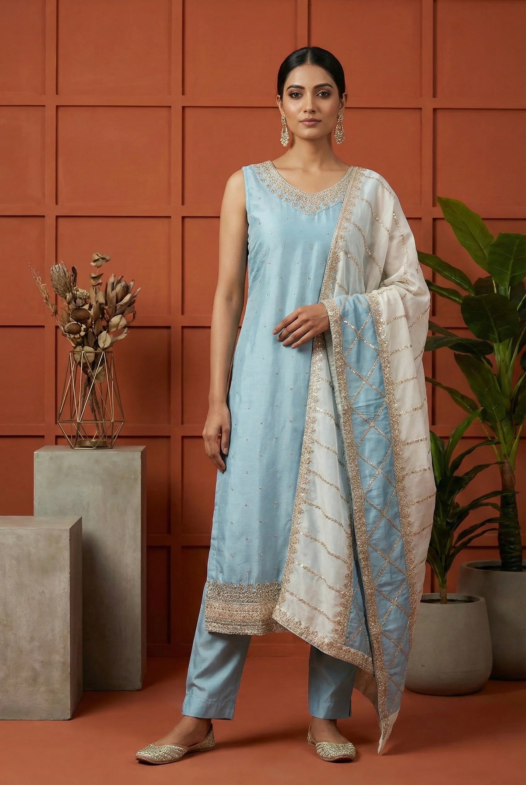 Sky Blue Vichitra Silk Embroidery Three Piece Set