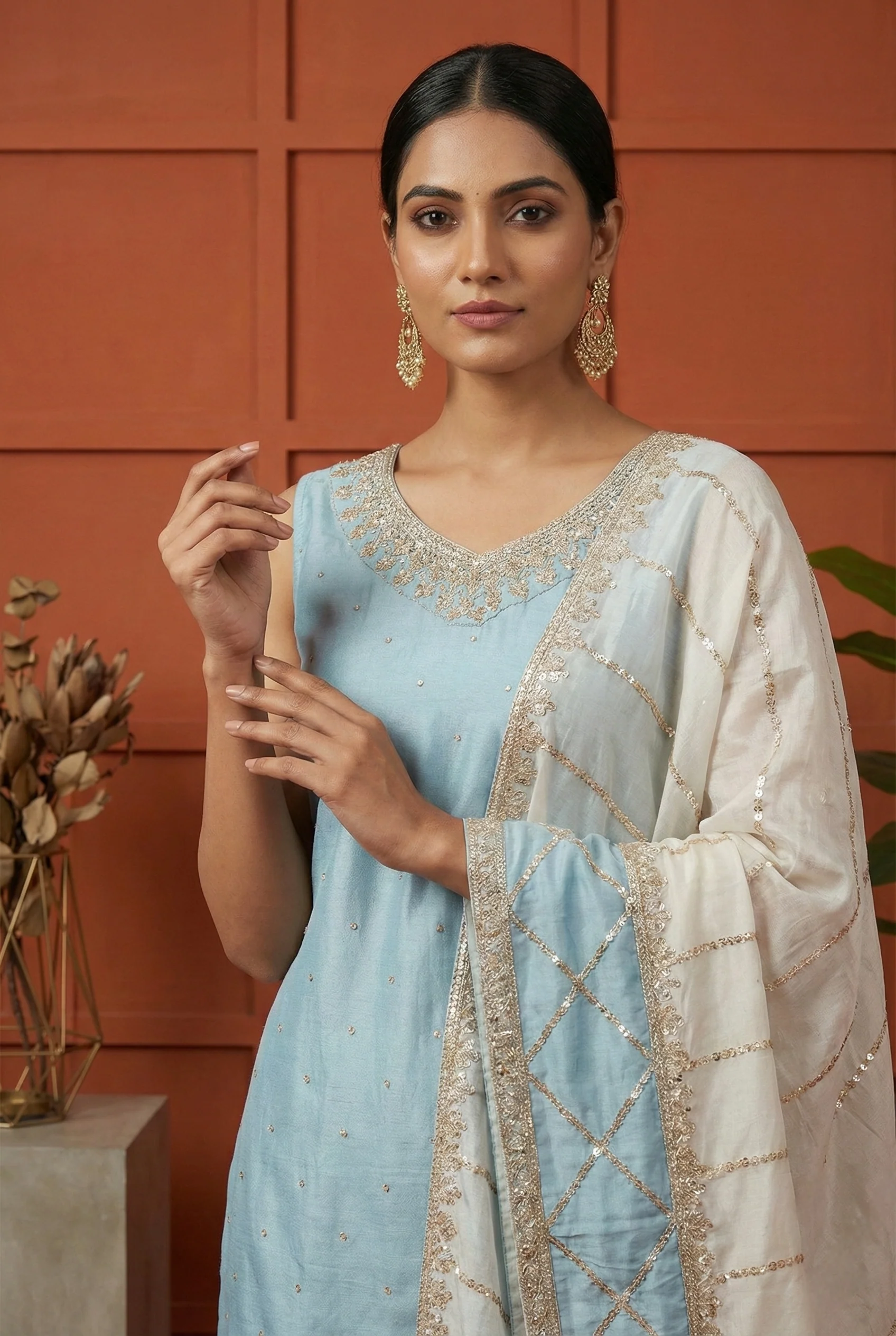 Sky Blue Vichitra Silk Embroidery Three Piece Set - Image 2