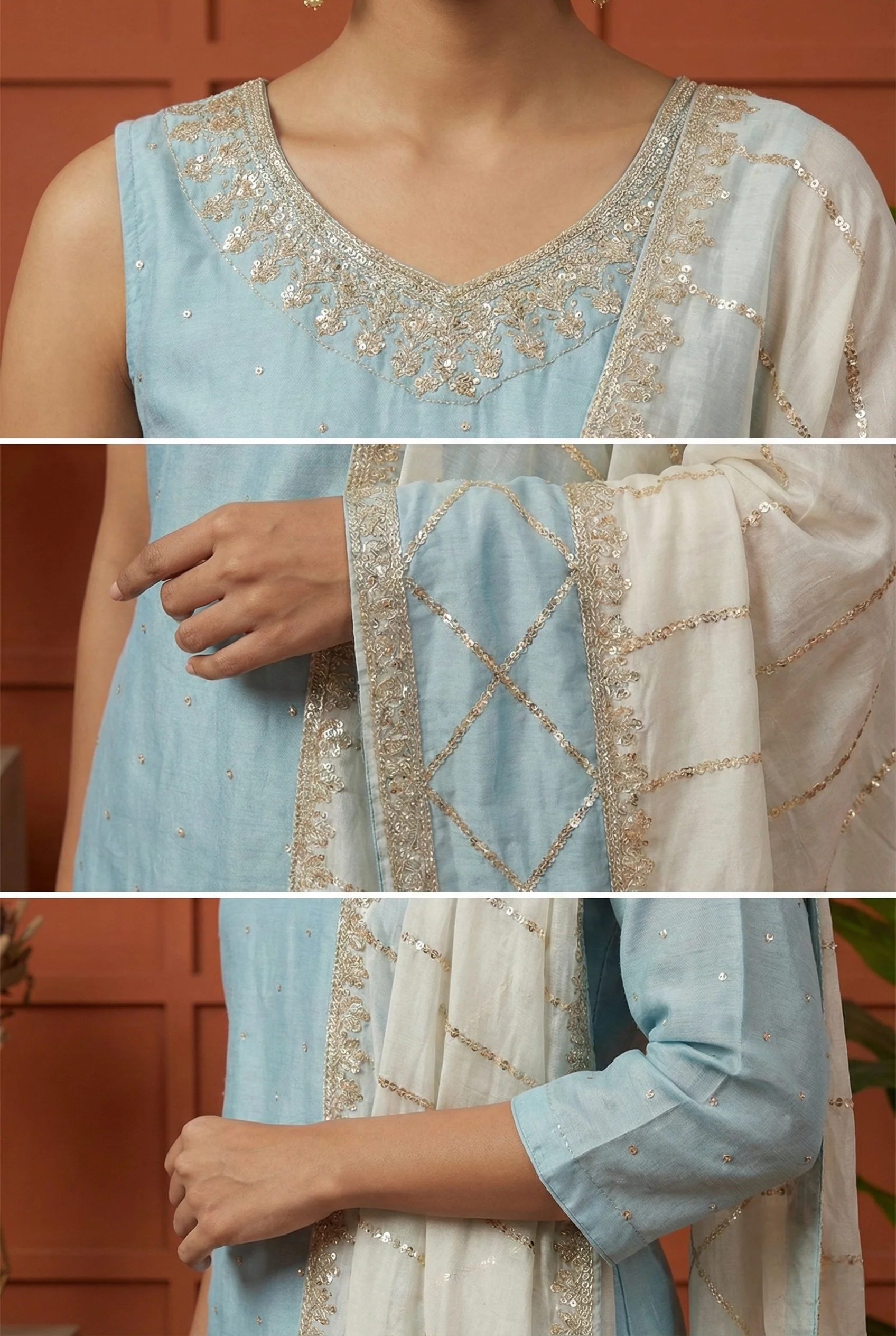 Sky Blue Vichitra Silk Embroidery Three Piece Set - Image 3