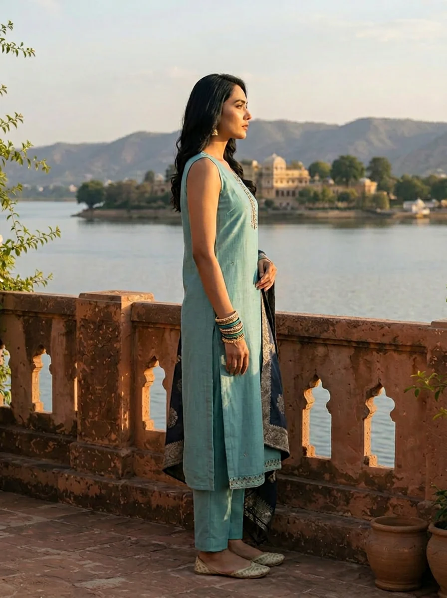 Sky Blue Vichitra Silk Embroidery Three Piece Set With Floral Weaved Dupatta - Image 3