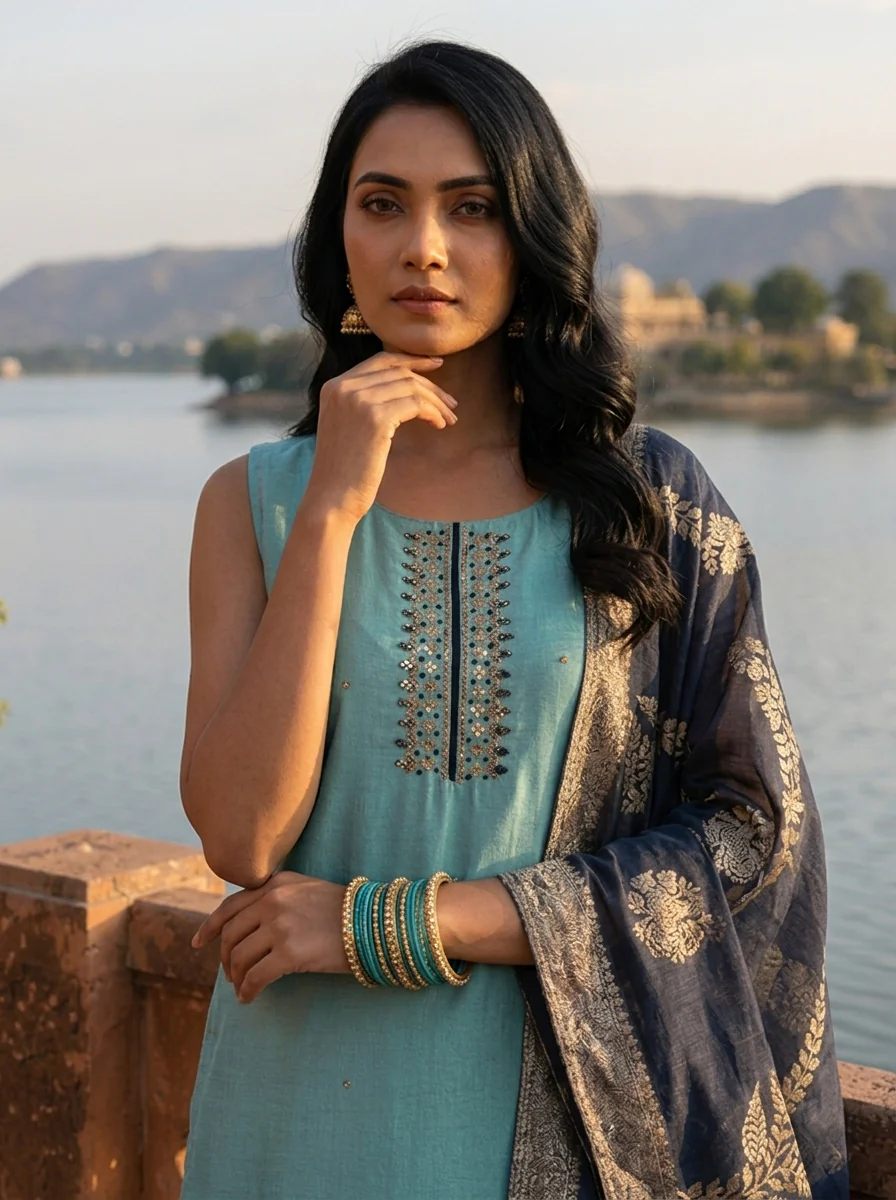 Sky Blue Vichitra Silk Embroidery Three Piece Set With Floral Weaved Dupatta - Image 4