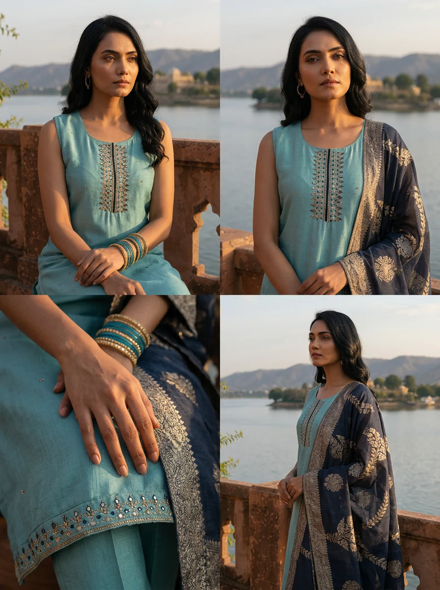 Sky Blue Vichitra Silk Embroidery Three Piece Set With Floral Weaved Dupatta - Image 5