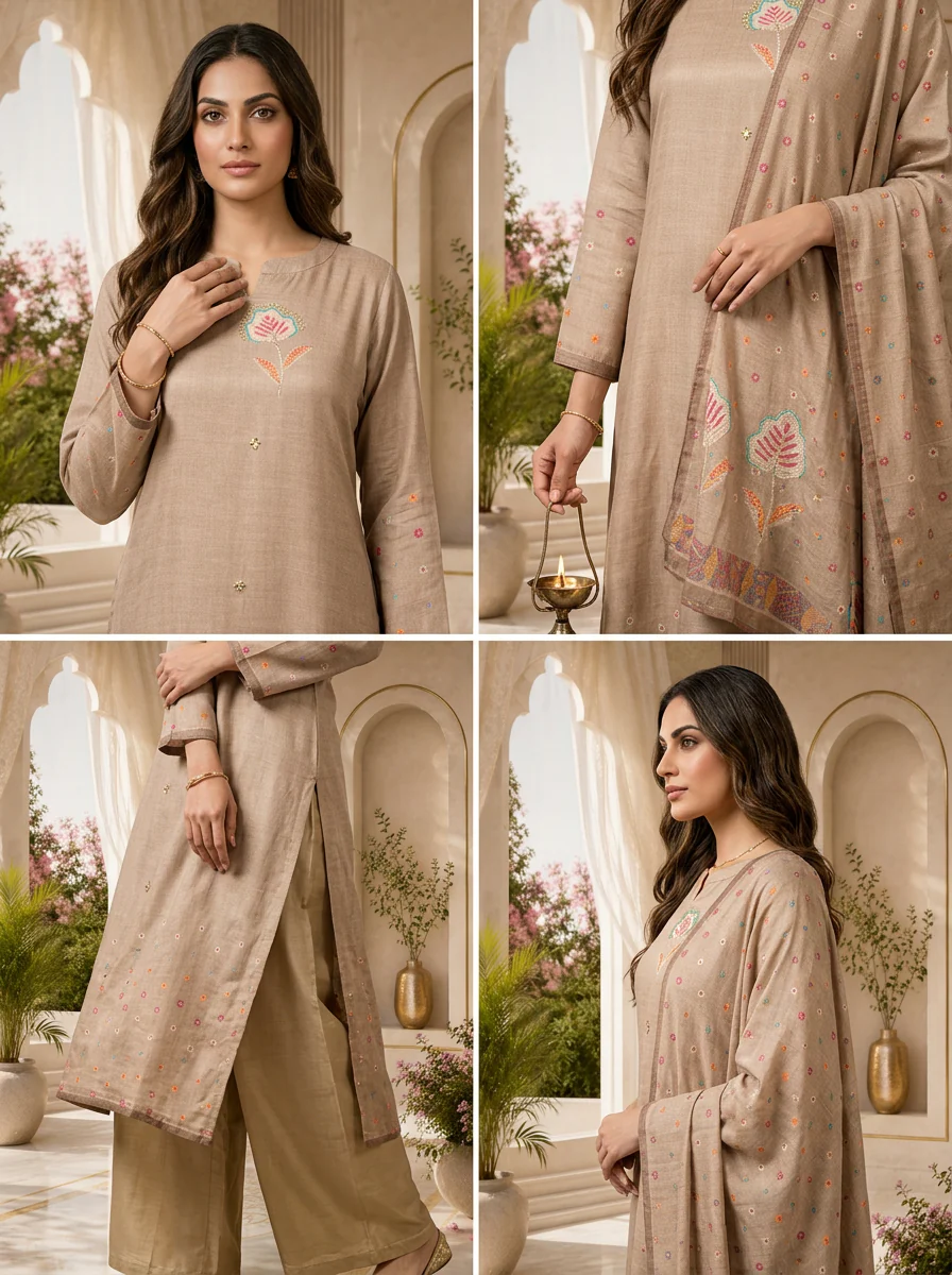 Taupe Beige Mirror Embroidered And Solid Design Three Piece Set - Image 5