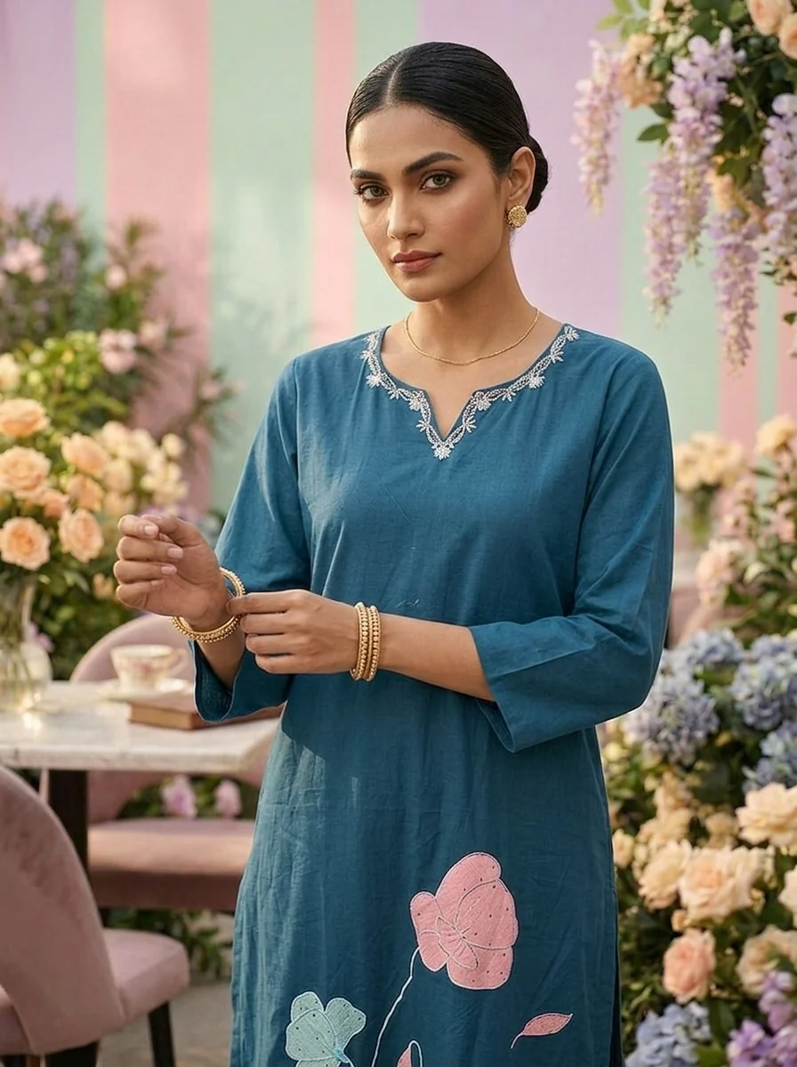 Teal Blue Cotton Floral Embroidery Two Piece Set - Image 5