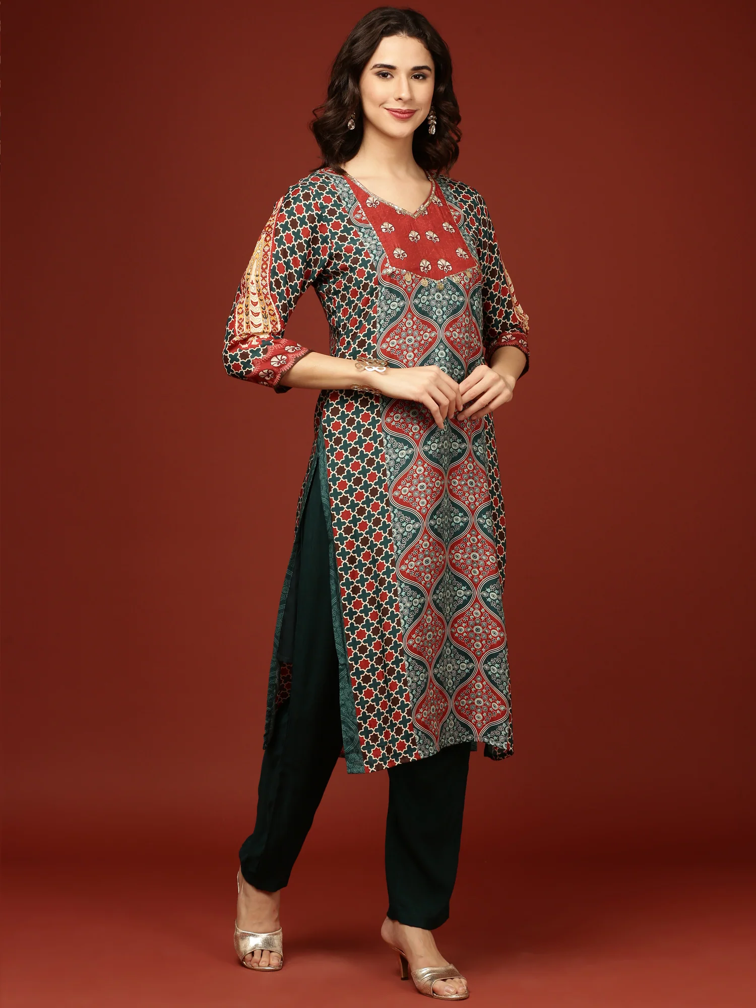Teal Blue Crepe Printed Three Piece Set - Image 4