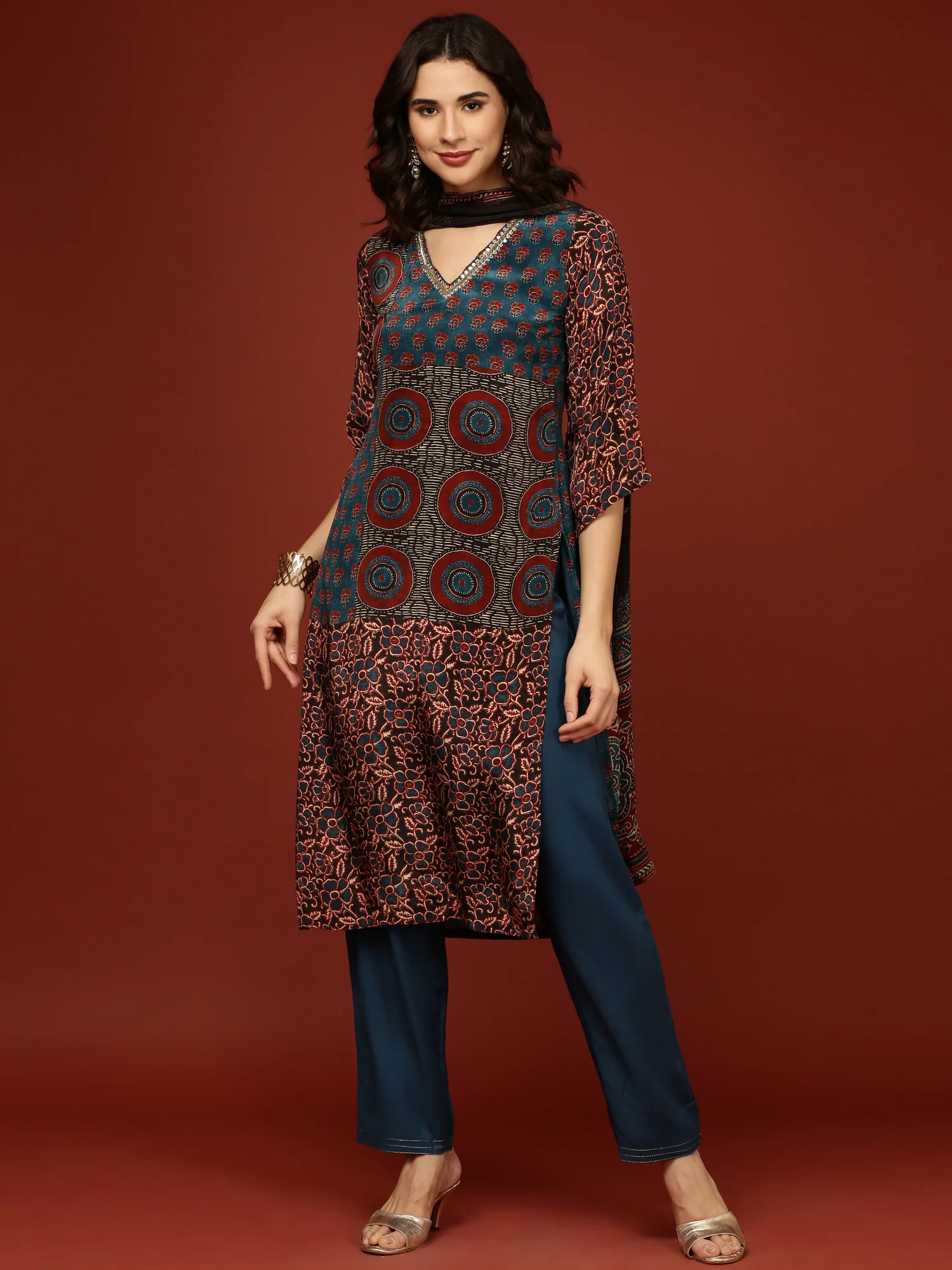 Teal Blue Crepe Printed Three Piece Set - Image 5