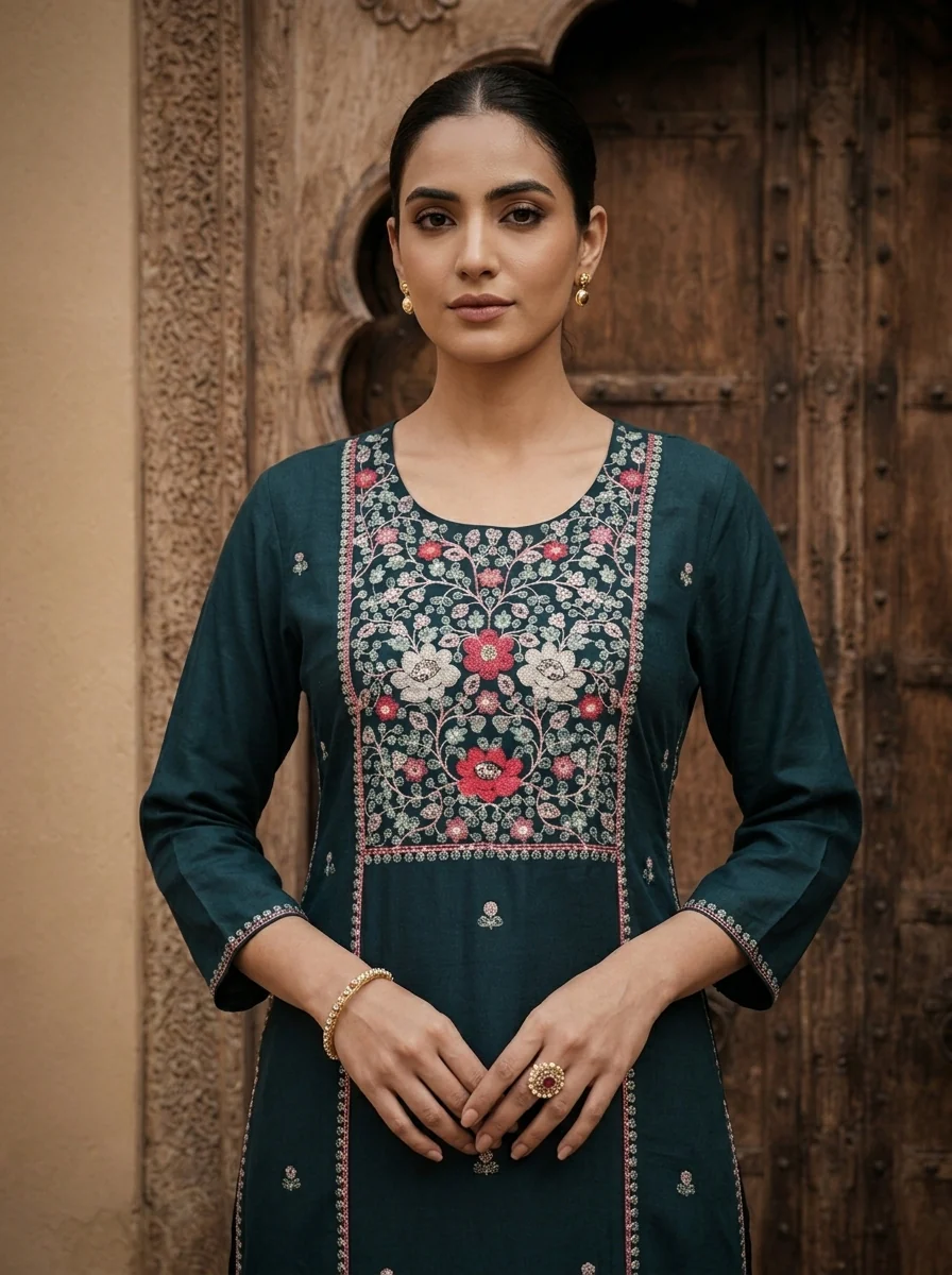 Teal Blue Rayon Heavy Floral Thread Embroidery Kurta - Image 2