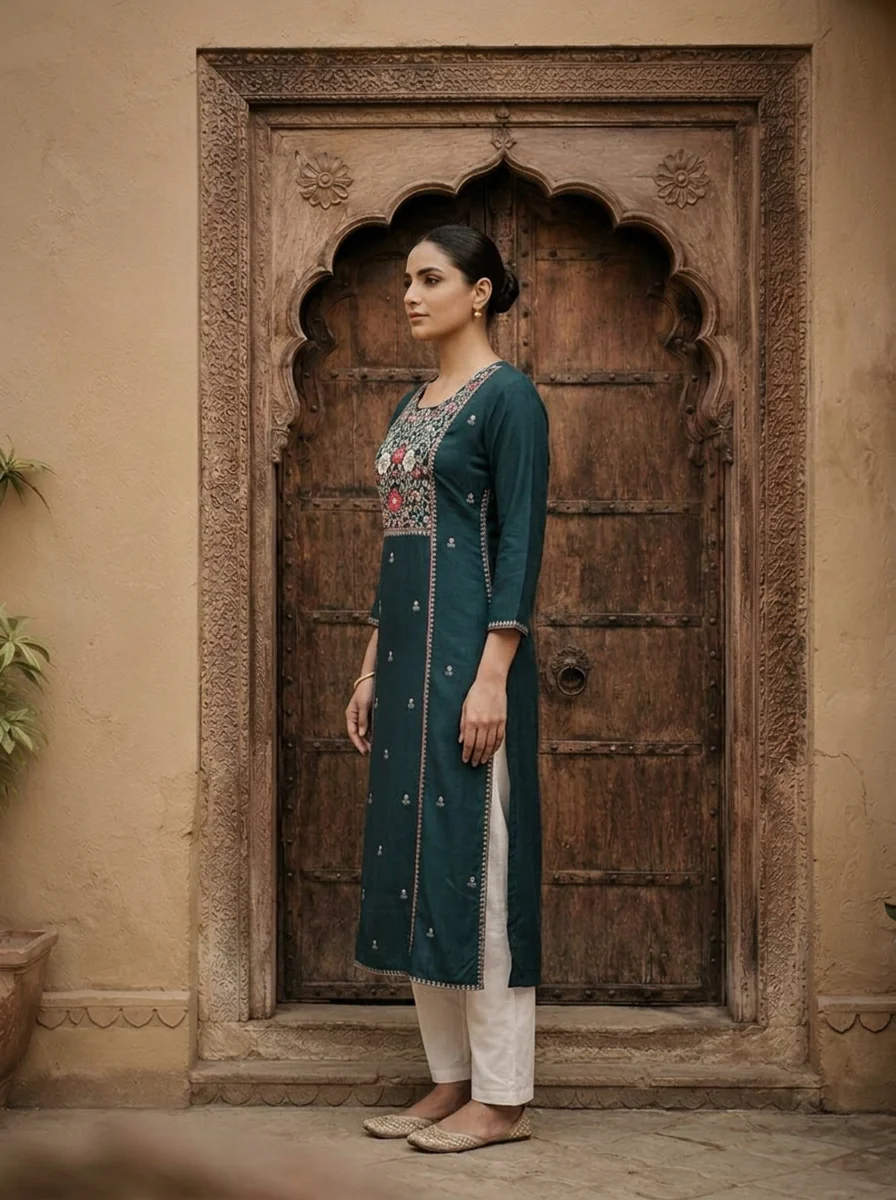 Teal Blue Rayon Heavy Floral Thread Embroidery Kurta - Image 3