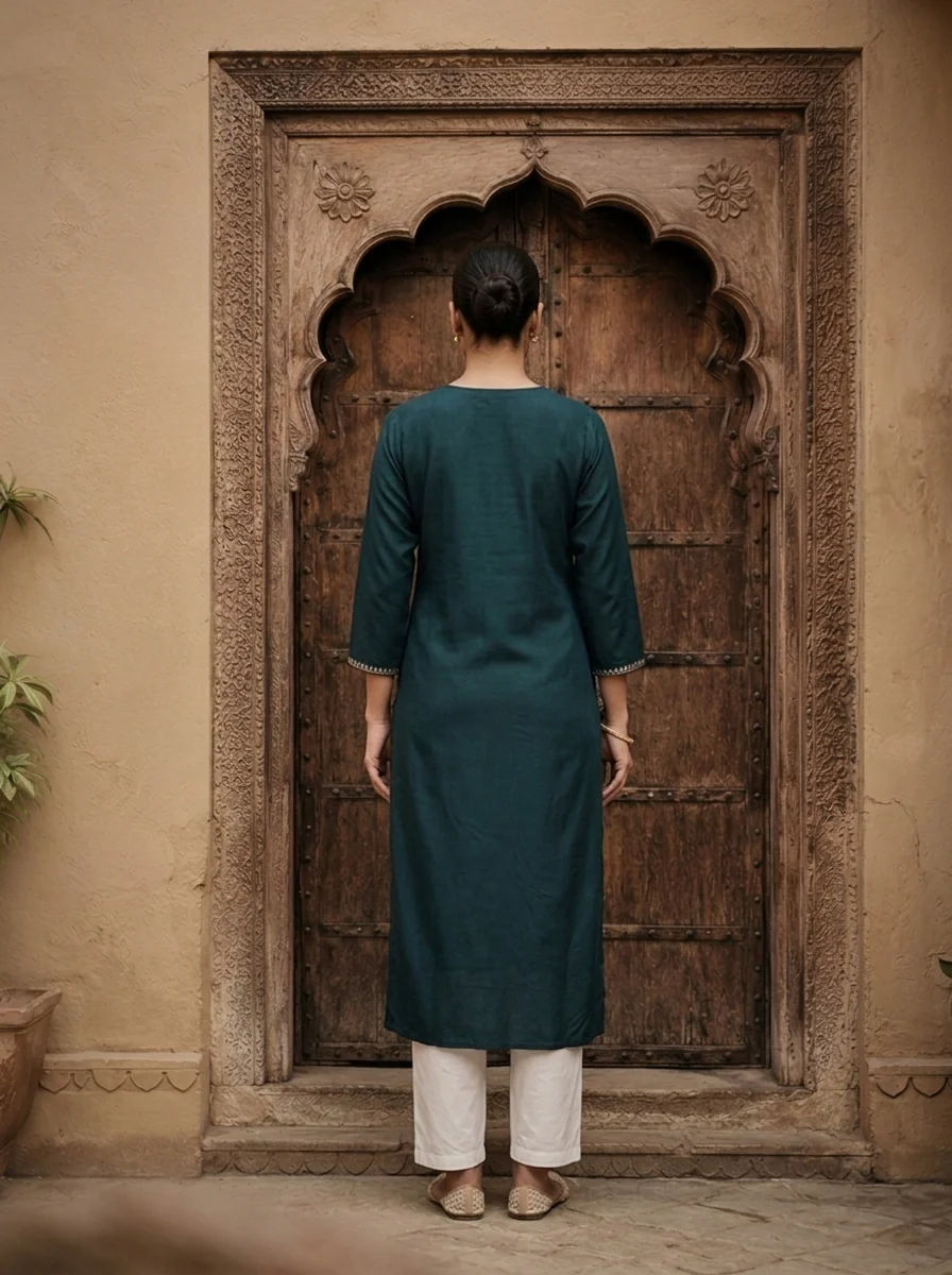 Teal Blue Rayon Heavy Floral Thread Embroidery Kurta - Image 4
