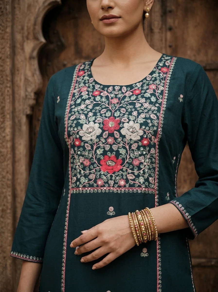 Teal Blue Rayon Heavy Floral Thread Embroidery Kurta - Image 5