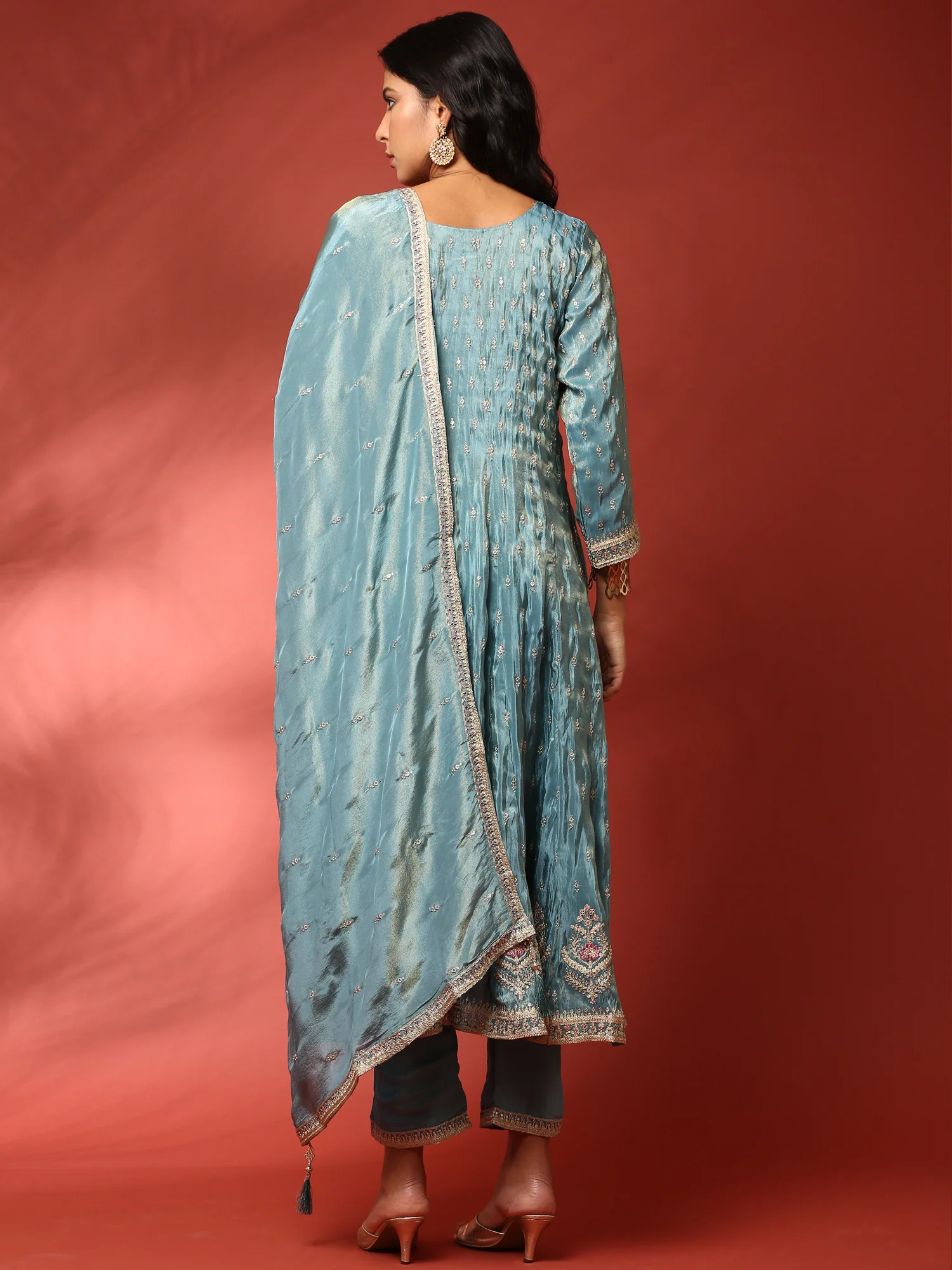 Teal blue tissue hand embroidered three piece anarkali set - Image 4