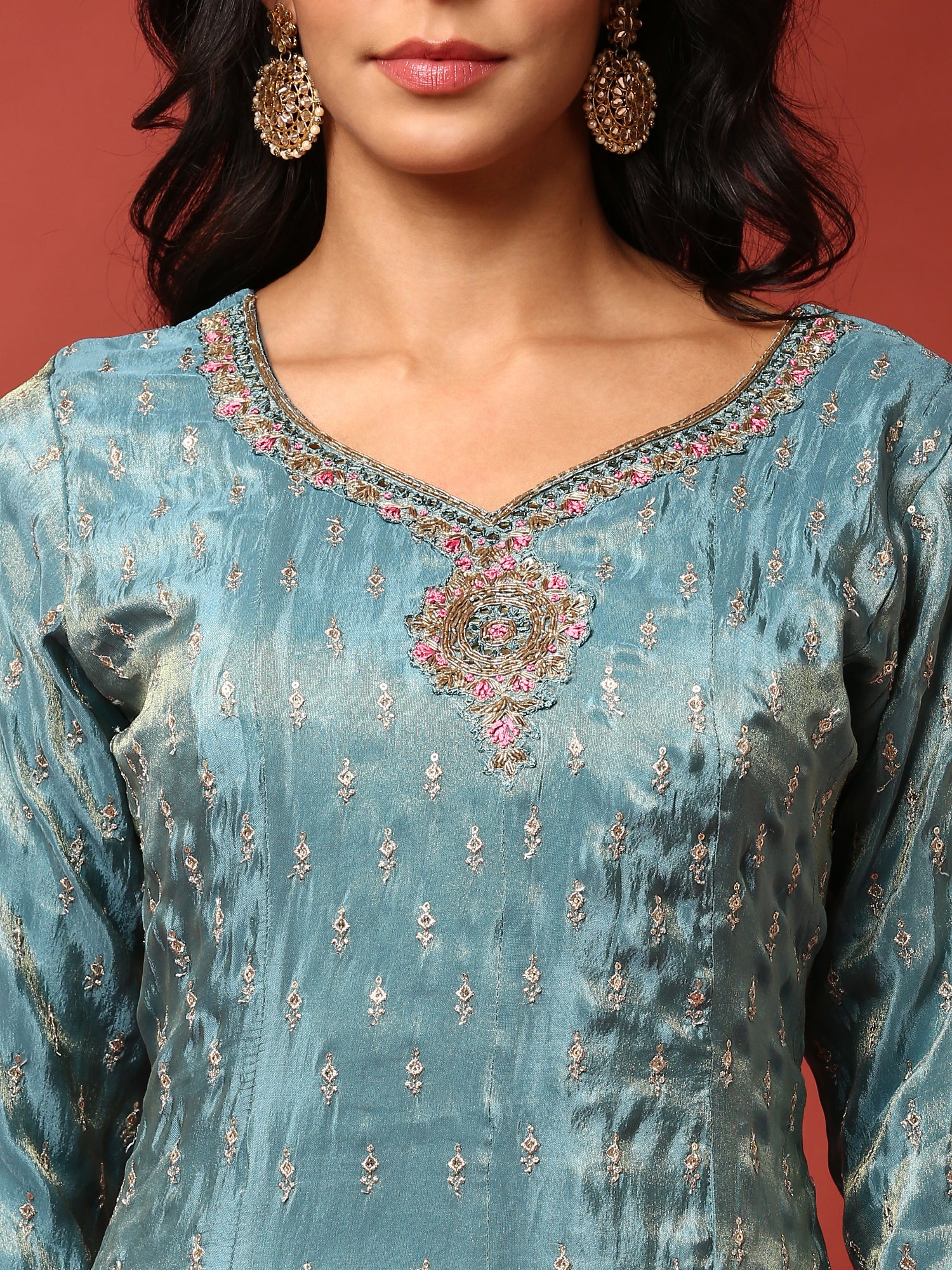 Teal blue tissue hand embroidered three piece anarkali set - Image 5