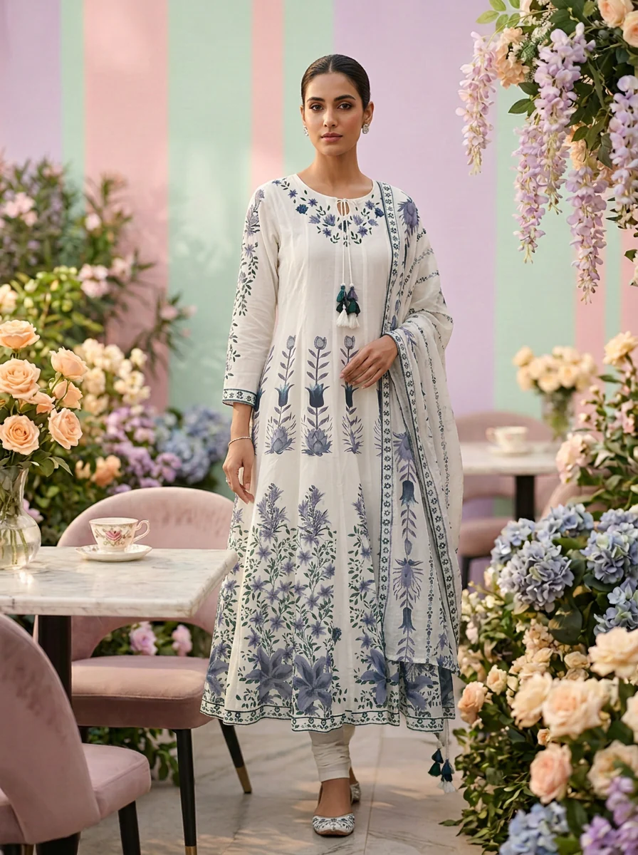 Teal Cotton Floral Printed Three Piece Set