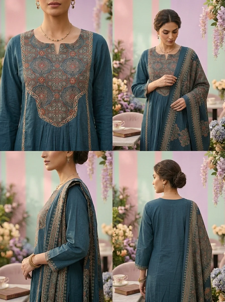 Teal Cotton Floral Thread Embroidery Three Piece Set - Image 5