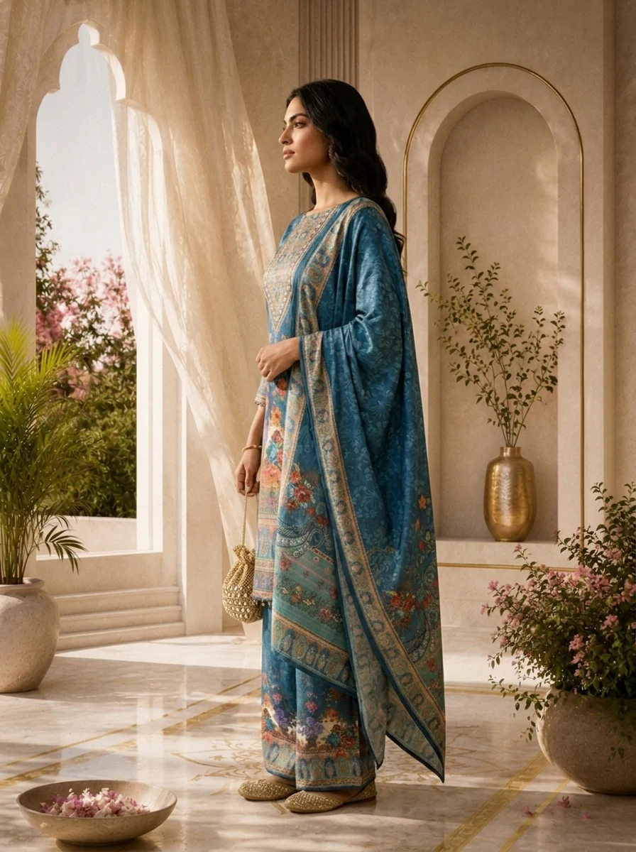 Teal Crepe Paisley Digital Printed Three Piece Set - Image 3