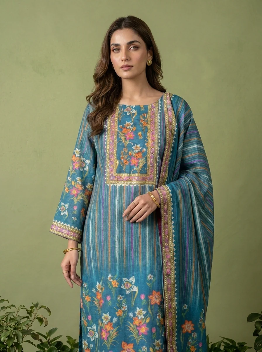 Teal Floral Printed Muslin Three Piece Set