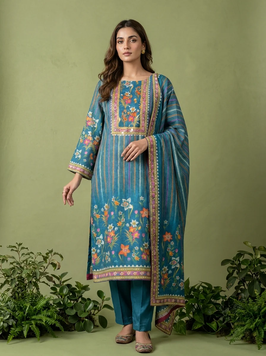 Teal Floral Printed Muslin Three Piece Set - Image 2