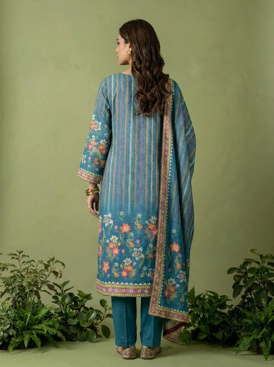 Teal Floral Printed Muslin Three Piece Set - Image 3