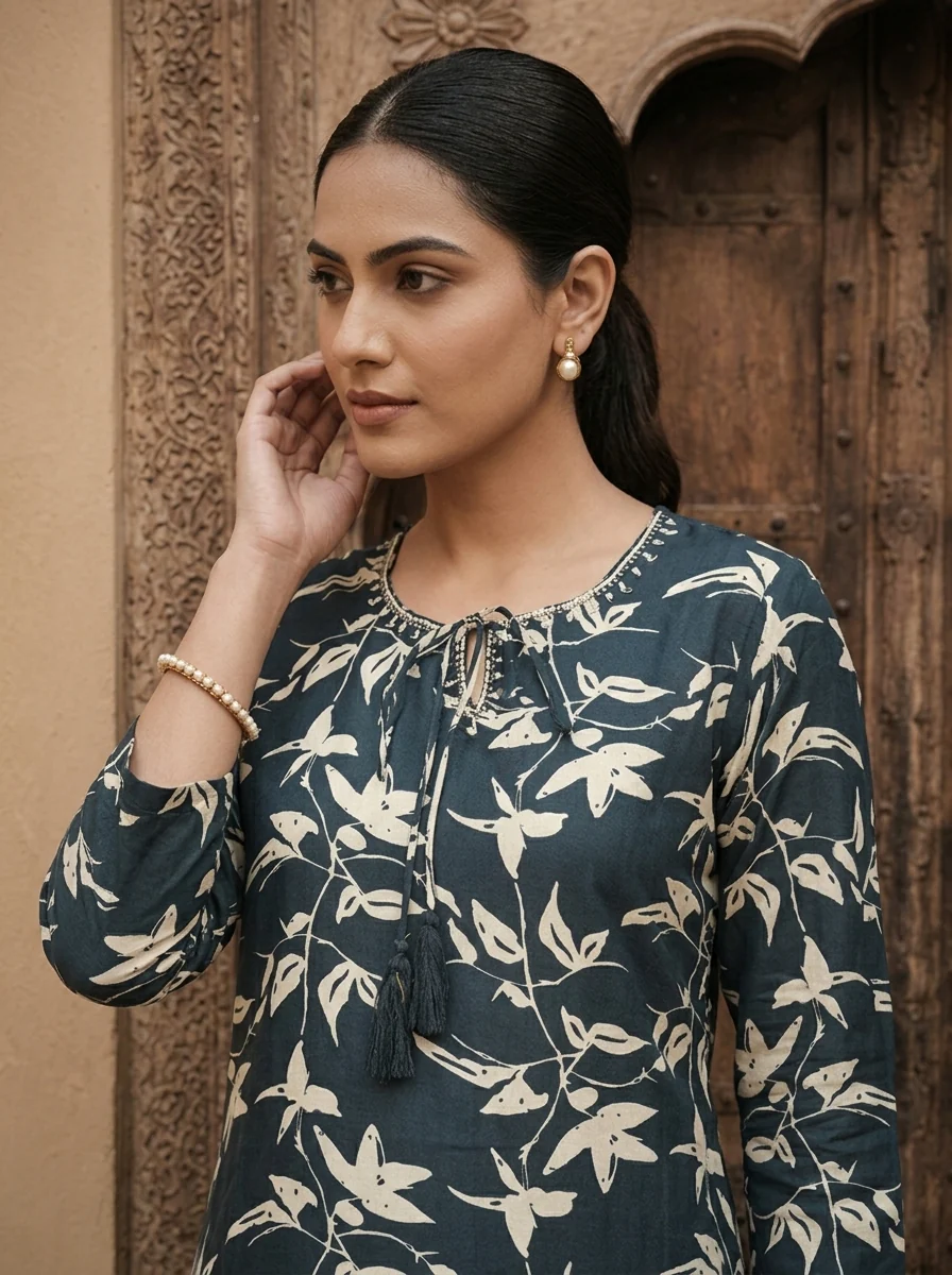 Teal Santoon Floral Printed Kurta - Image 4