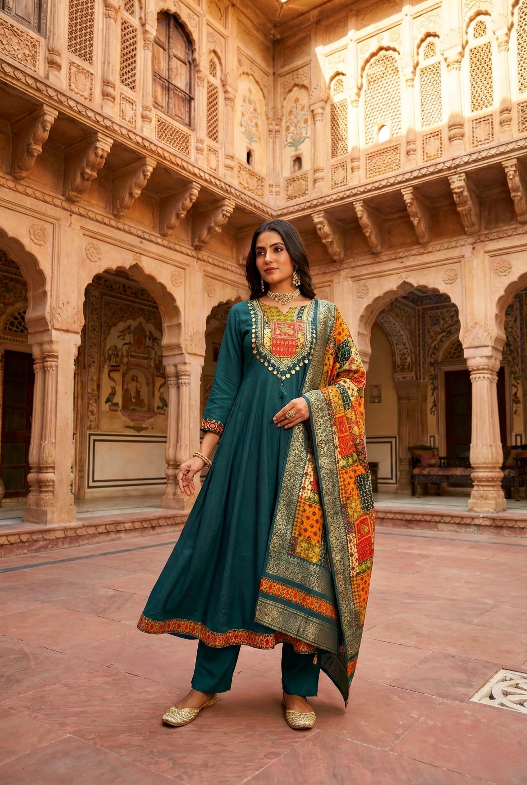 Teal Silk With Zari Embroidery And Digital Printed Suit Set