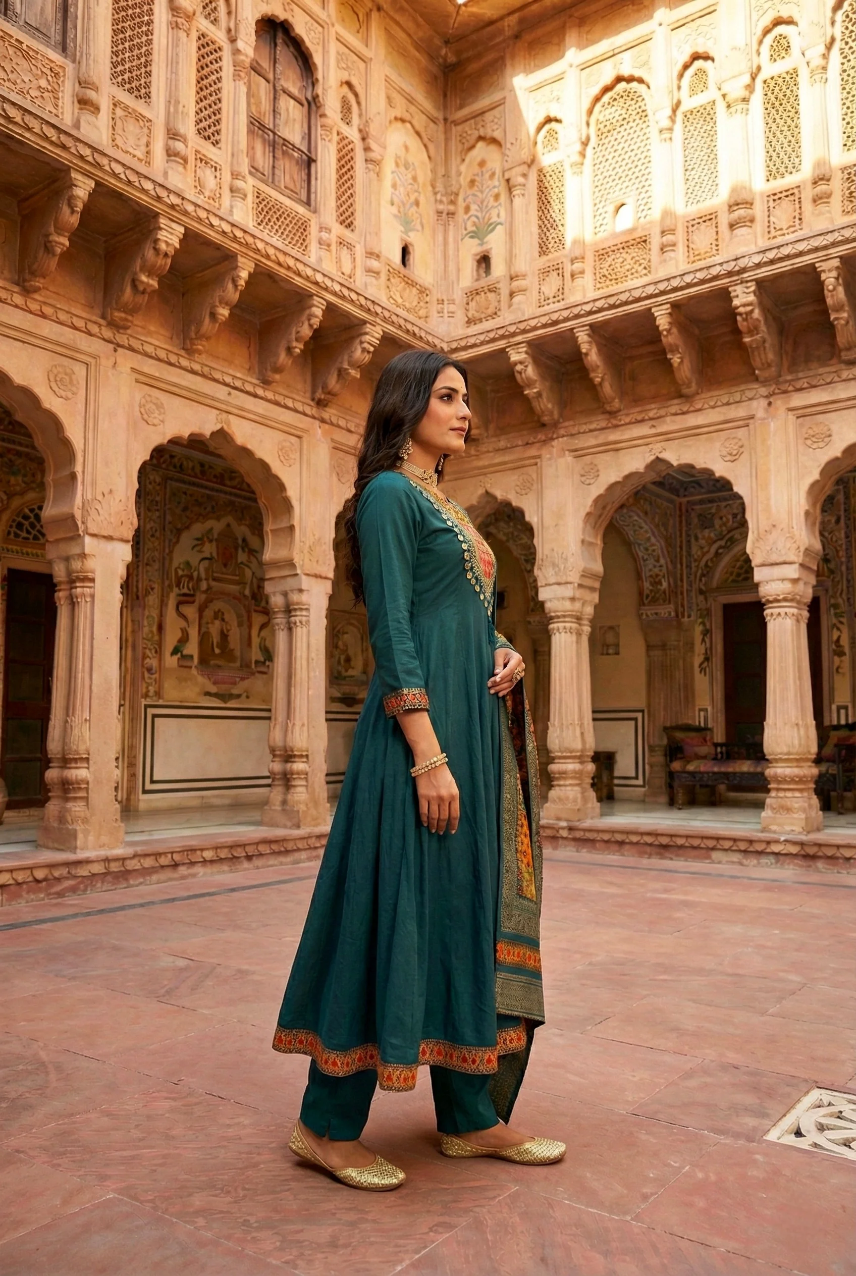 Teal Silk With Zari Embroidery And Digital Printed Suit Set - Image 2