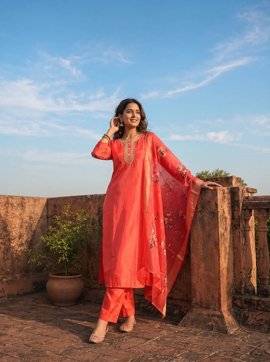 Tomato Tissue Stone Embroidered Three Piece Set - Image 2