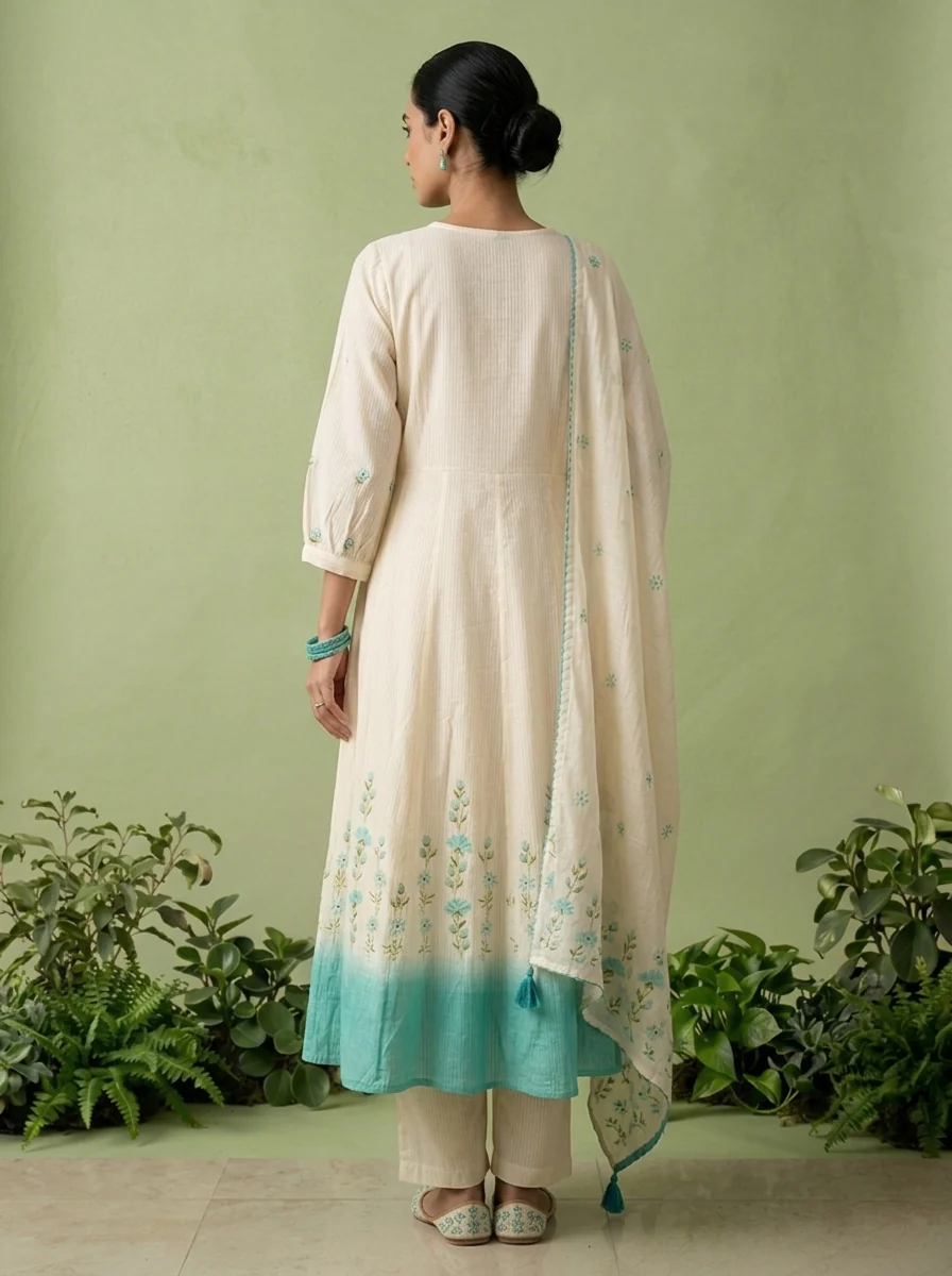 Turquoise Cotton Floral Thread Embroidered Three Piece Set - Image 3