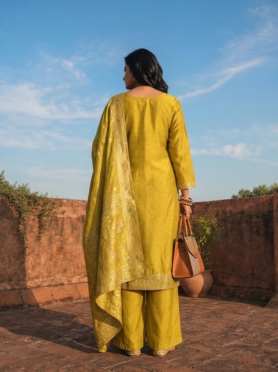 Variyali Green Banaras Silk Scrolling Creeper Pattern Weaved Three Piece Set - Image 3