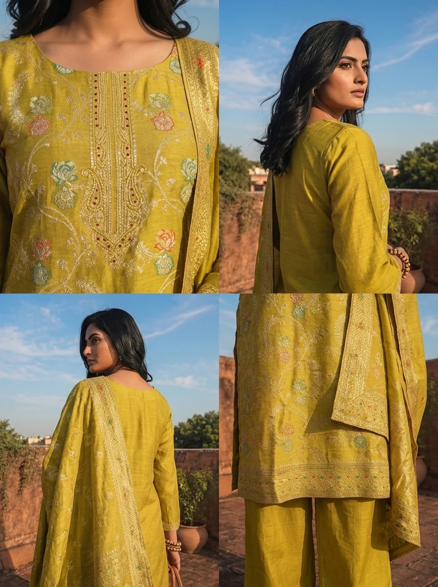Variyali Green Banaras Silk Scrolling Creeper Pattern Weaved Three Piece Set - Image 5