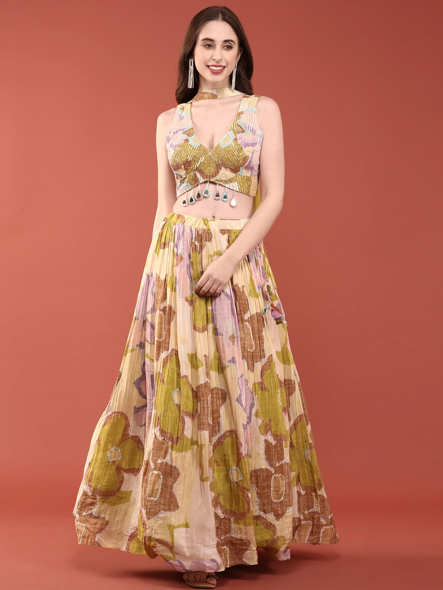 Variyali Green Chinnon Heavy Sequins Ghagra Set - Image 2