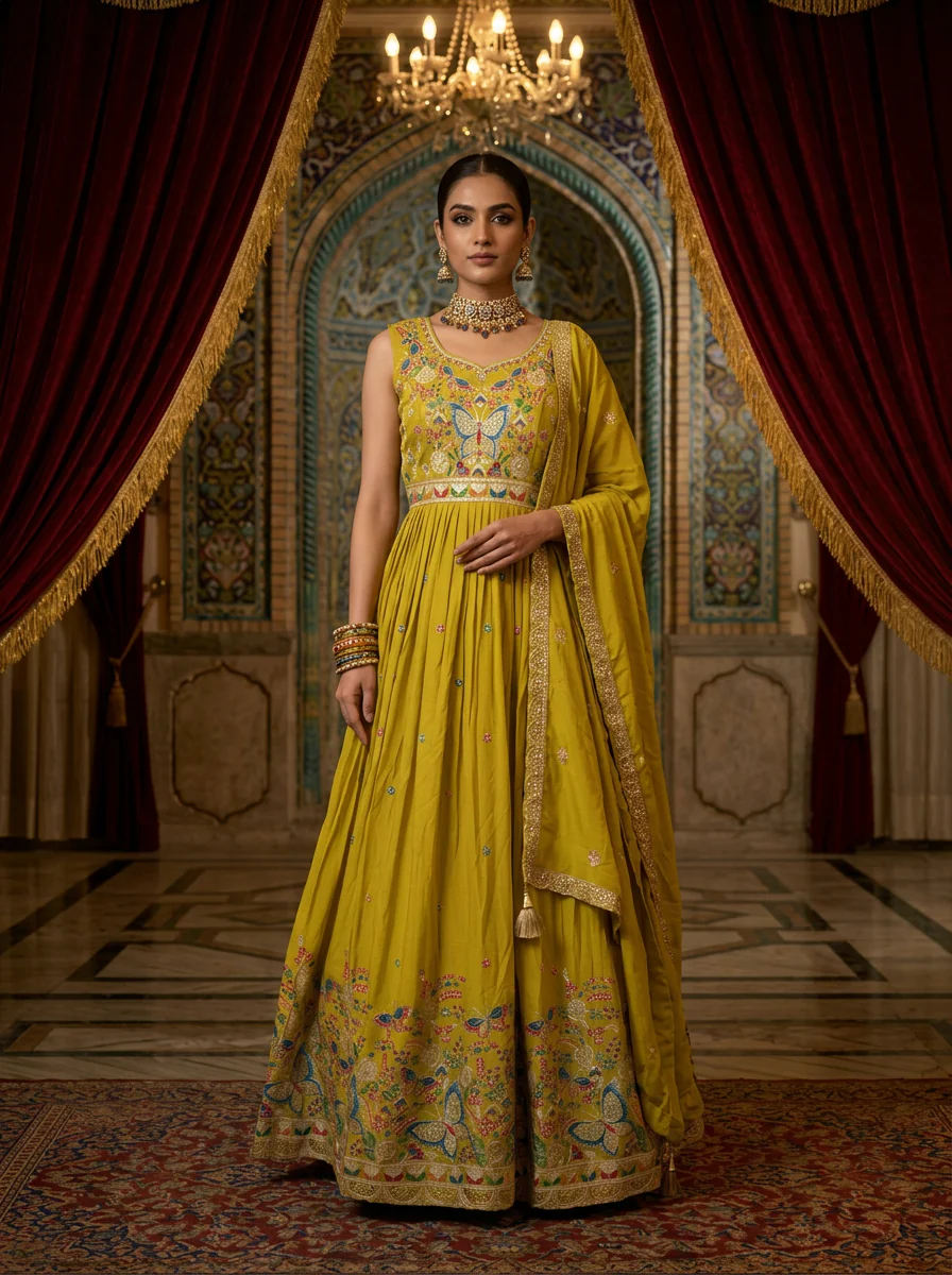 Variyali Green Chinon Floral Thread Embroidery Anarkali Set With Dupatta