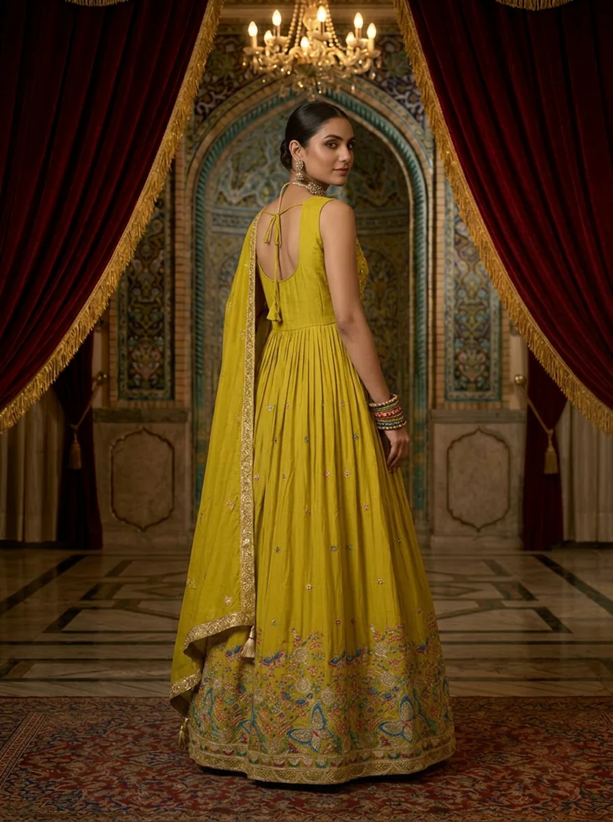 Variyali Green Chinon Floral Thread Embroidery Anarkali Set With Dupatta - Image 2