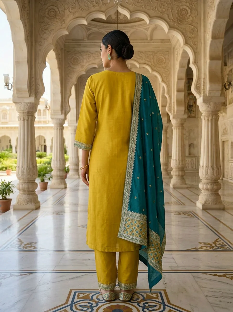 Variyali Green Silk Aari And Floral Thread Embroidery Three Piece Set - Image 3
