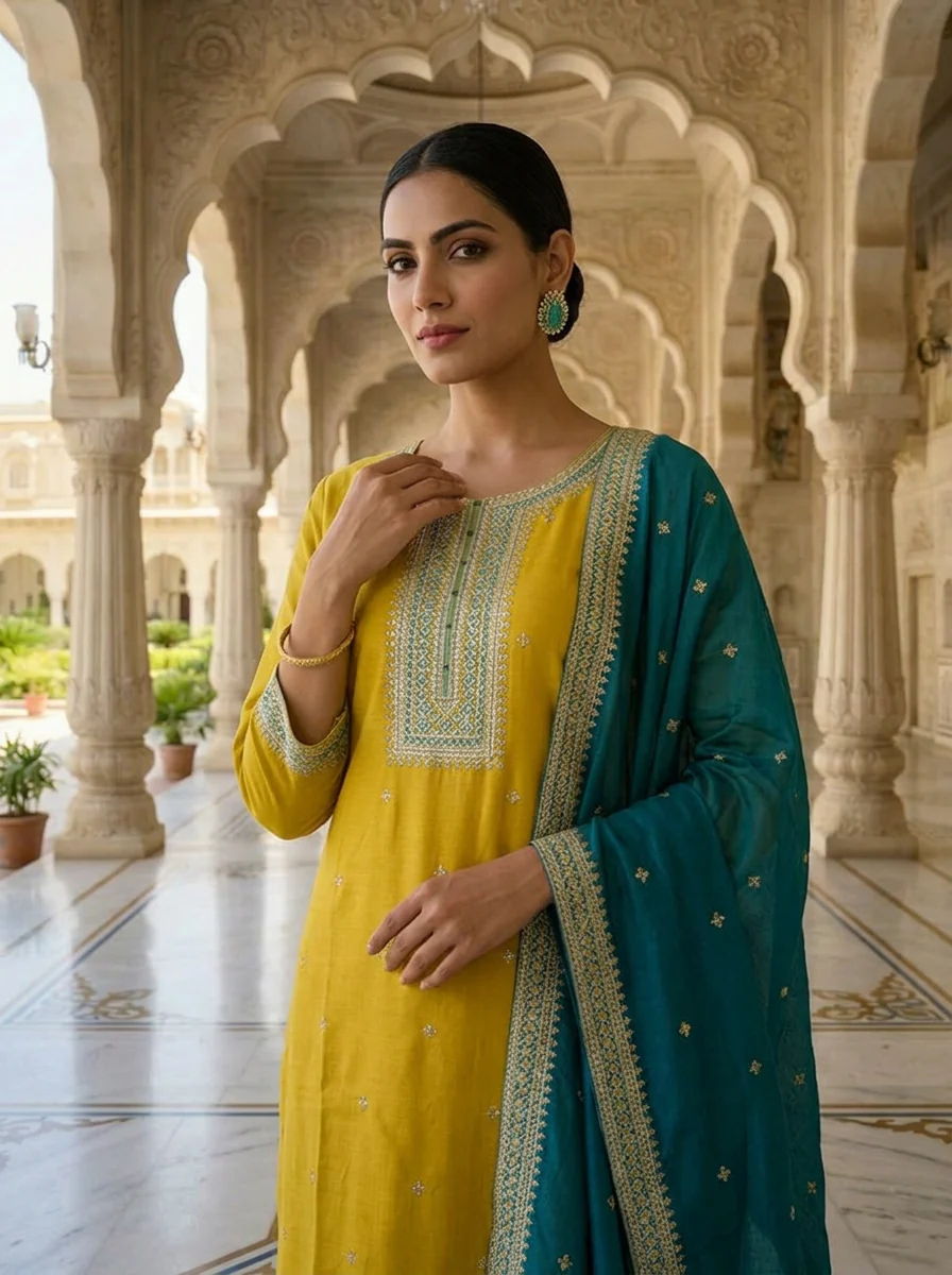 Variyali Green Silk Aari And Floral Thread Embroidery Three Piece Set - Image 4