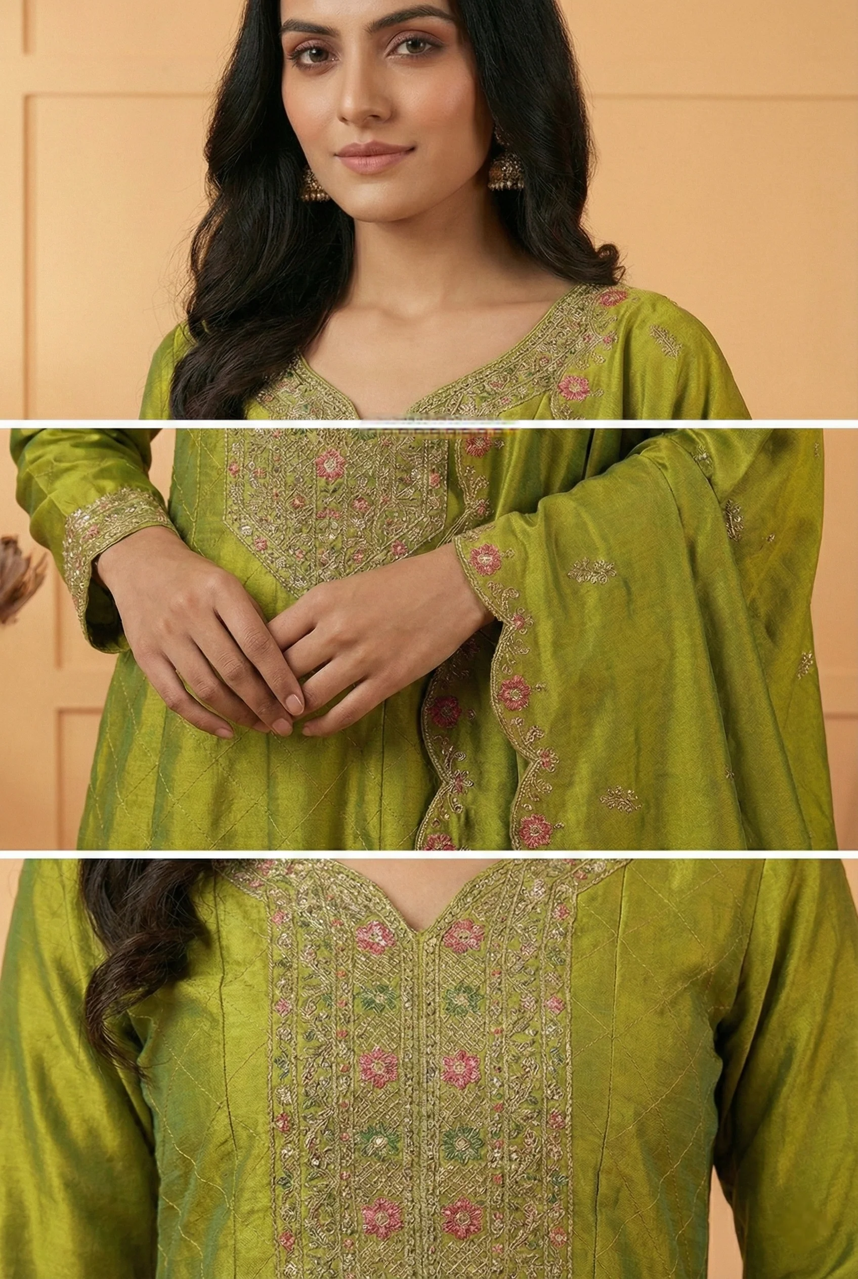 Variyali Green Silk Zari Embroidery Three Piece Set - Image 3
