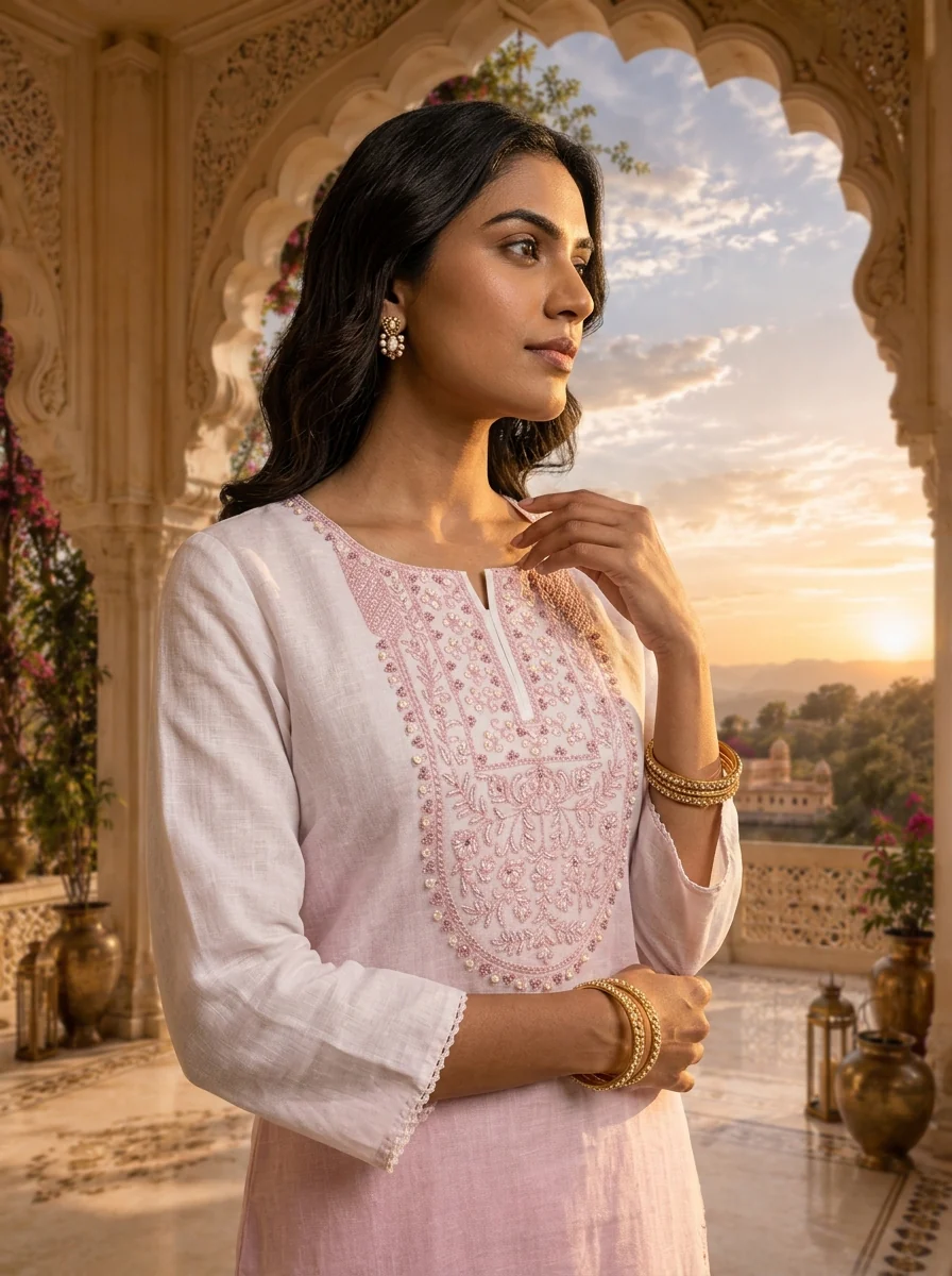 White And Baby Pink Linen Hand Embroidery Two Piece Set - Image 4