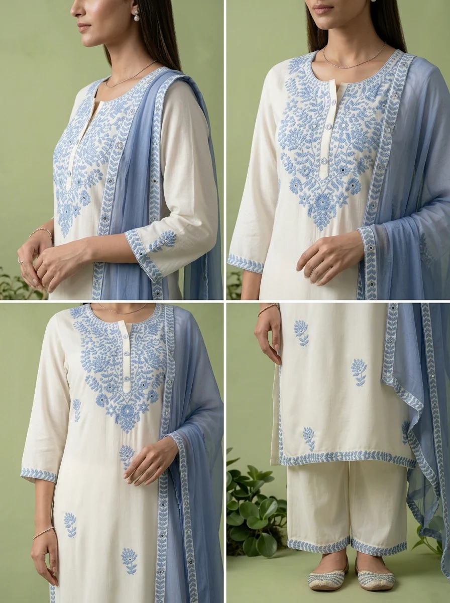 White And Blue Heavy Floral Thread Embroidery Rayon Three Piece Set - Image 5