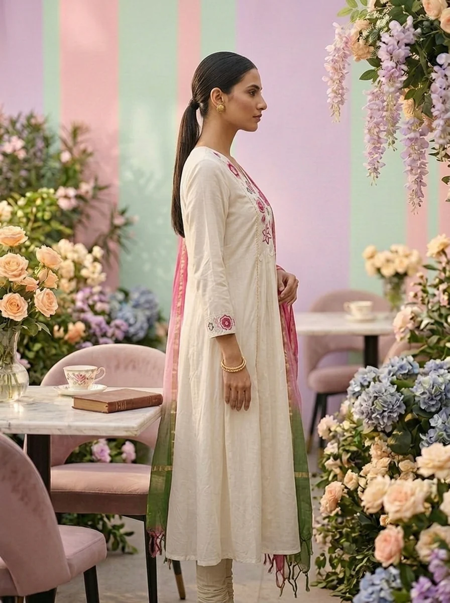 White Chanderi Floral Embroidery Three Piece Set - Image 4