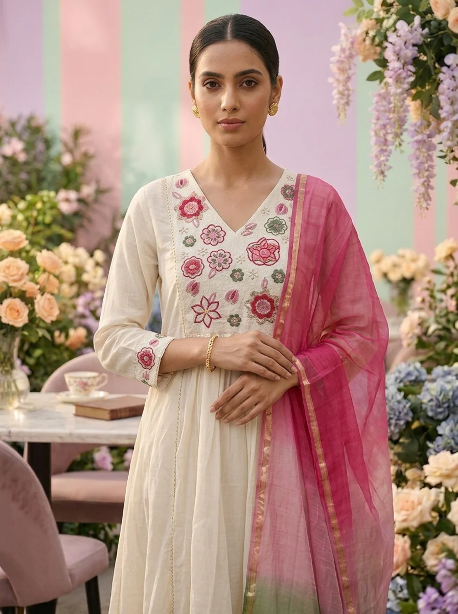 White Chanderi Floral Embroidery Three Piece Set - Image 5
