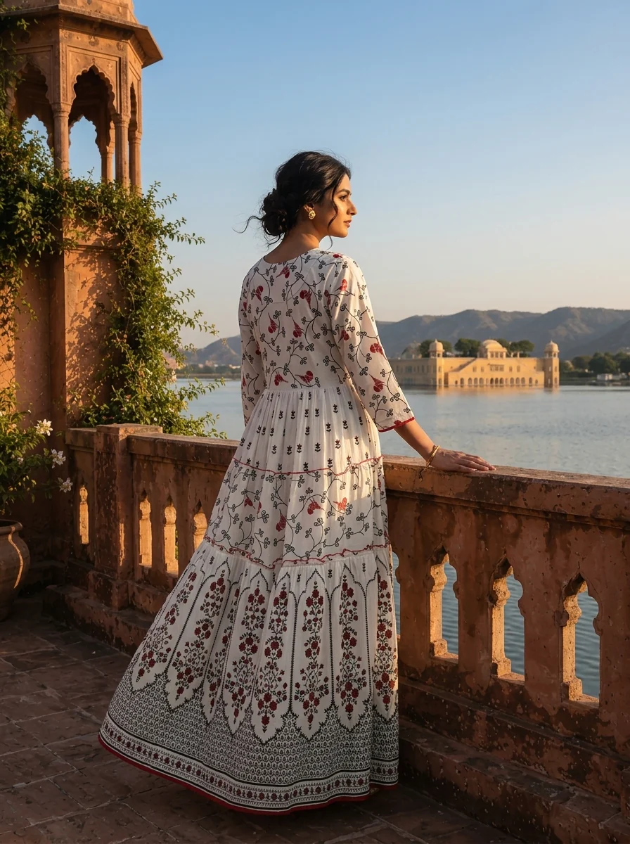 White Cotton Ethnic Floral Printed Dress - Image 2