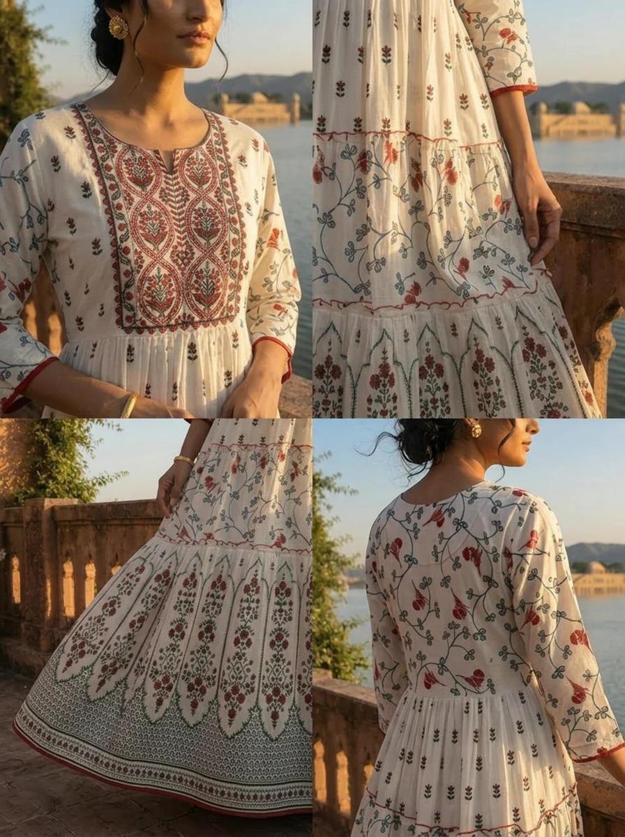 White Cotton Ethnic Floral Printed Dress - Image 5
