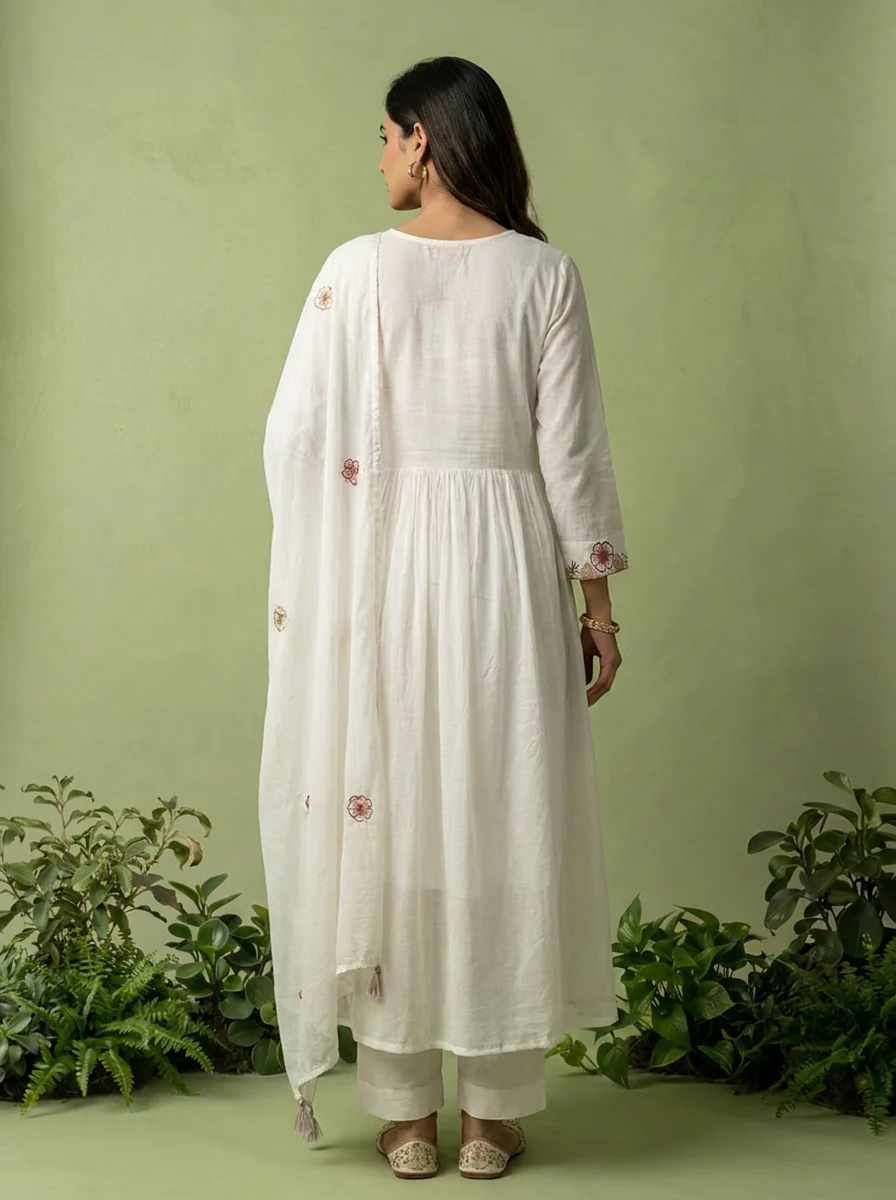 White Cotton Floral Hand Embroidery Three Piece Set - Image 3