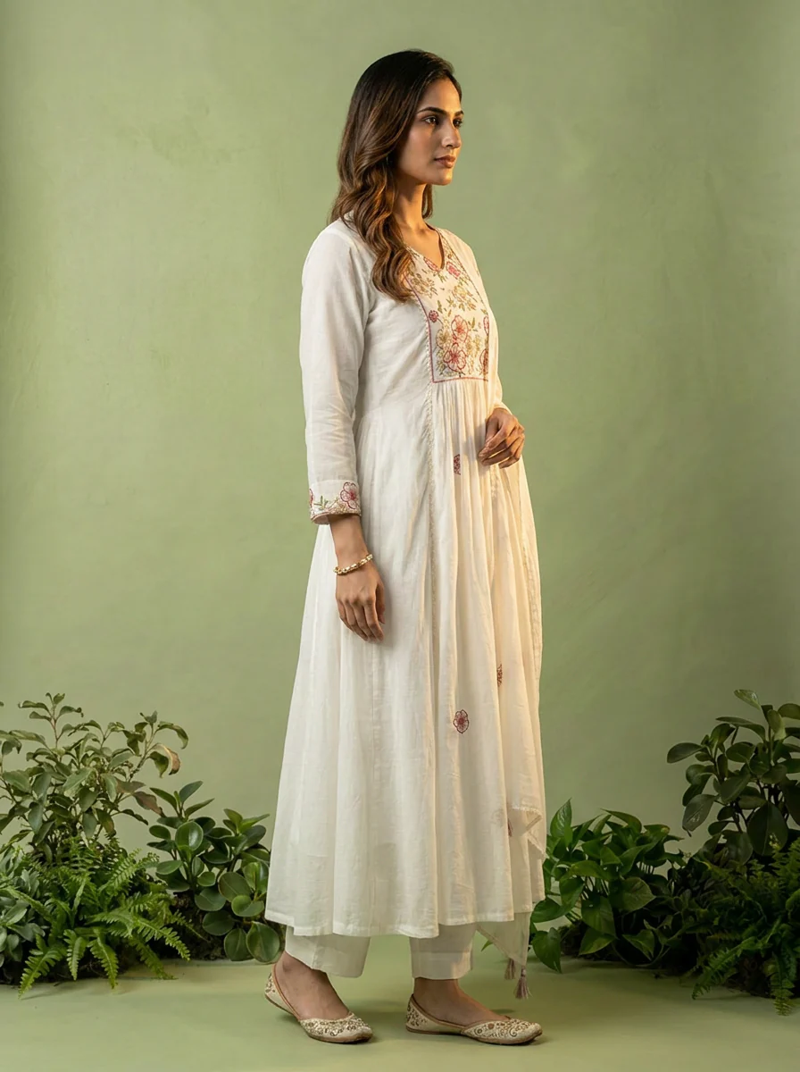 White Cotton Floral Hand Embroidery Three Piece Set - Image 4