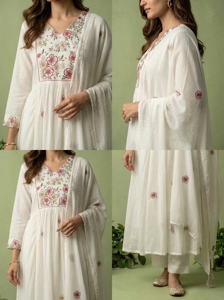 White Cotton Floral Hand Embroidery Three Piece Set - Image 5