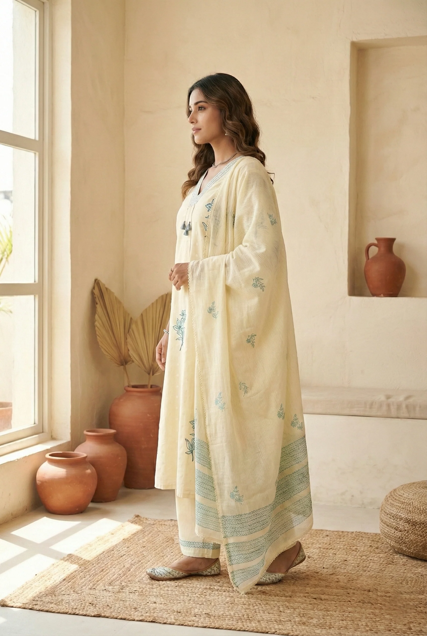 White Cotton Hand Embroidered Three Piece Set - Image 2