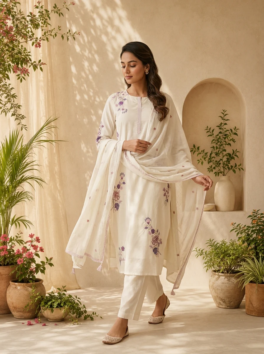 White Cotton Sequins Embroidery And Solid Design Three Piece Set - Image 2