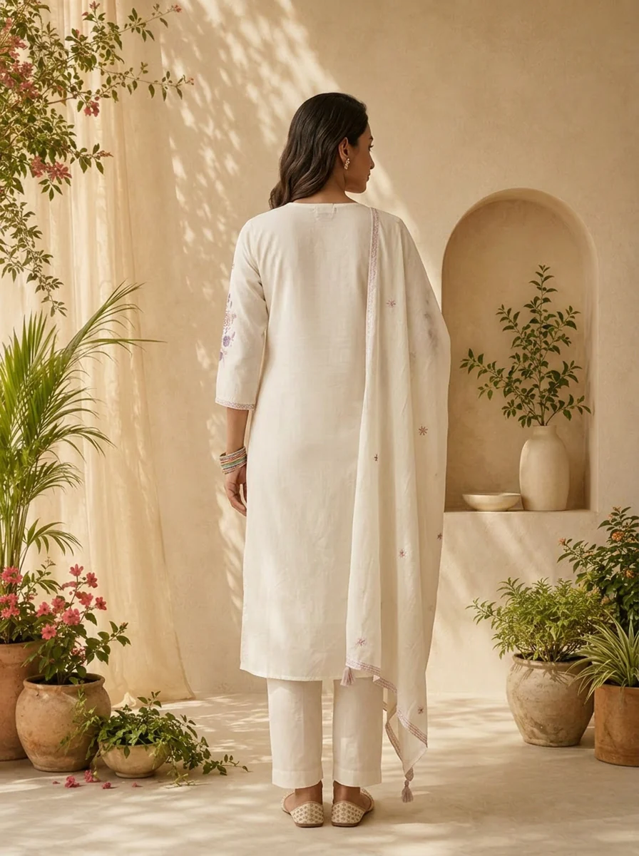 White Cotton Sequins Embroidery And Solid Design Three Piece Set - Image 3