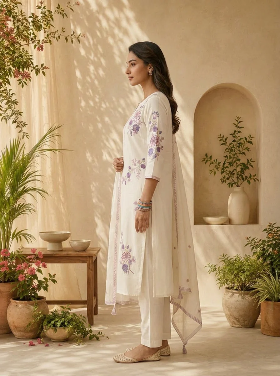 White Cotton Sequins Embroidery And Solid Design Three Piece Set - Image 4