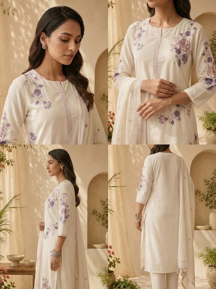 White Cotton Sequins Embroidery And Solid Design Three Piece Set - Image 5